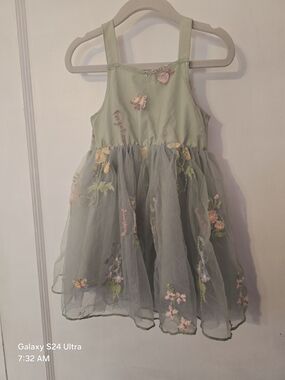 Amazon Girls' Sage Green Floral Embroidered Tulle Dress